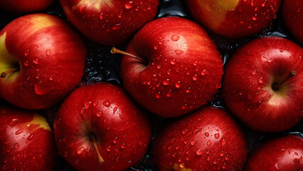 Top view of bright ripe fragrant red apples with water drops