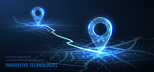 GPS. Abstract vector two pin icon on blue city map with white line connection - obrazy, fototapety, plakaty