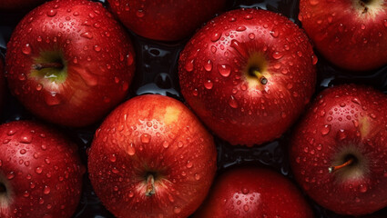 Fototapeta na wymiar Top view of bright ripe fragrant red apples with water drops
