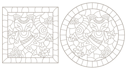 A set of contour illustrations in the style of stained glass with cute cartoon raccoon and fox, dark contours on a white background