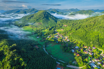 Fototapeta na wymiar The village in the valley along MeKong River border of ThaiLand-Laos, Nong Khai province, Thailand.