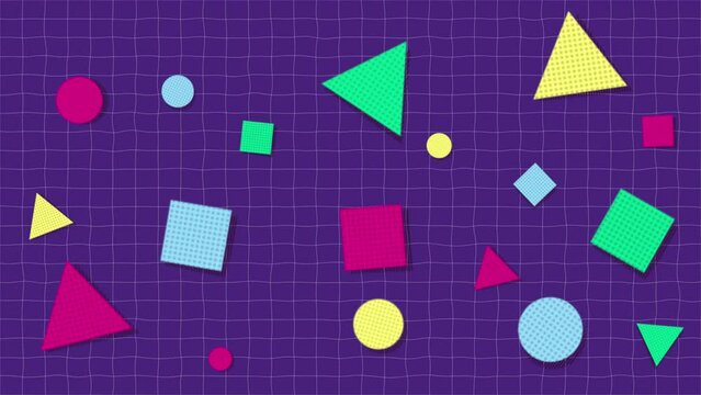 Retro abstract 80's 90's design pattern background. Memphis style with geometrical shapes of different vintage colors, seamless looped 4K animation