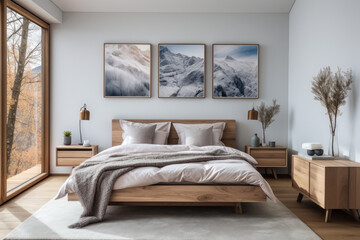 Fototapeta na wymiar Home mockup scandinavian modern bedroom interior, cozy light design. Generative AI