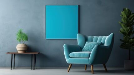 Blue tosca living room interior with seat and canvas mockup decoration. Canvas mockup. Living room canvas.