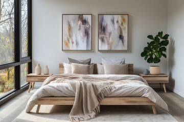 Home mockup scandinavian modern bedroom interior, cozy light design. Generative AI