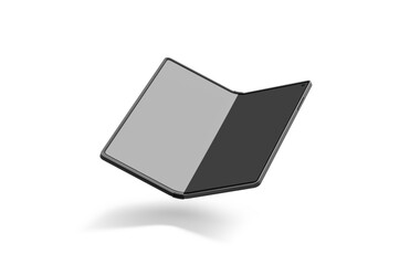 Blank black flexible book phone display half opened mockup, isolated