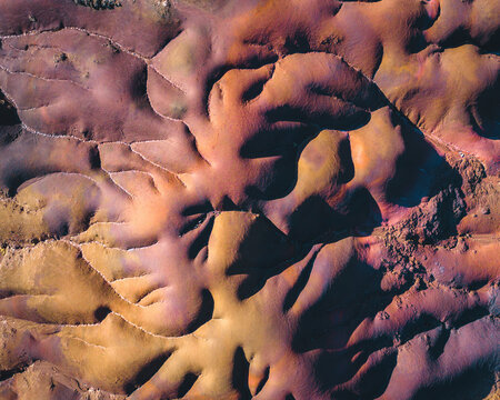 Aerial abstract view of Chamarel Seven Colored Earth Geopark, Black River, Mauritius.