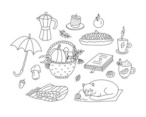 Autumn set with sleeping cat, wicker basket with mushrooms, vegetables and berries. Fall picnic with coffee mugs, books and blanket. Hand drawn doodle illustration, black outline.