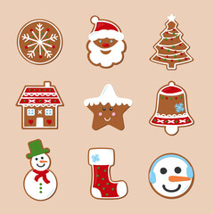 Gingerbread cookies for christmas with color. Vector illustrations isolated with Santa, sock, tree, snowman, candy, snowflake, house, bell, star. 