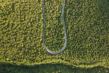 Aerial view of a u turn road climbing the Mount Terminio at sunset, Serino, Campania, Avellino, Italy.