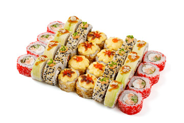 set of rolls with salmon, avocado, cucumber on a white background for a restaurant menu, studio shooting
