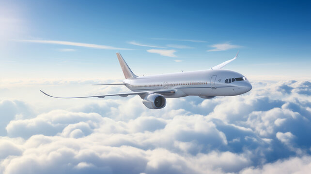 Passengers commercial airplane flying above clouds