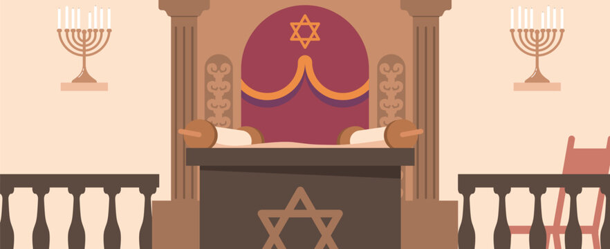 Synagogue Interior, Ornate With The Ark, Bimah And Torah Scrolls At The Center. Decorated With Religious Symbols