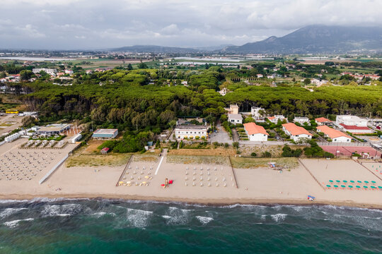 Aerial view of beach resorts along the coastline facing the Mediterranean Sea, Capaccio, Paestum, Campania, Italy.