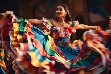 Hispanic dancers performing a traditional folk dance, their colorful costumes swirling with movement - obrazy, fototapety, plakaty
