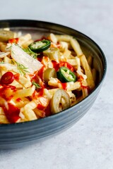 Bowl of french fries topped with sauce
