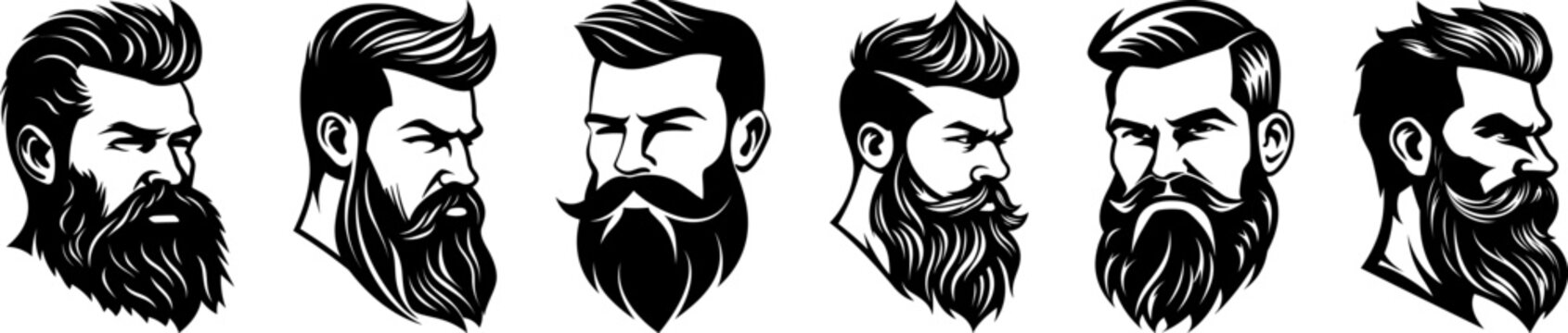 Man face portrait with full beard moustache and haircut black silhouette vector collection