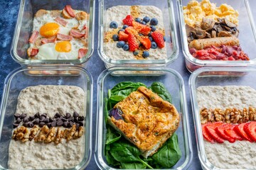 Closeup of  vibrant and transparent bowls of oatmeal topped with different ingredients on the table