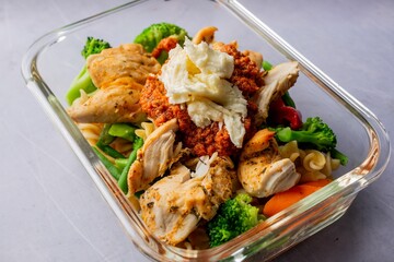 Closeup of a delicious meal consisting of chicken, broccoli, and carrots served on a plate