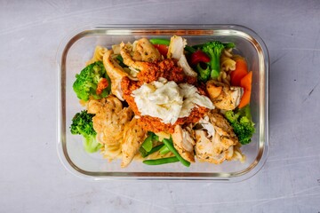 Closeup of a delicious meal consisting of chicken, broccoli, and carrots served on a plate