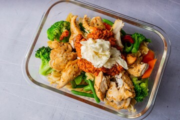 Closeup of a delicious meal consisting of chicken, broccoli, and carrots served on a plate