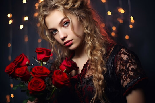 portrait of a woman in a seducing black dress holding red roses. Valentine's day picture.