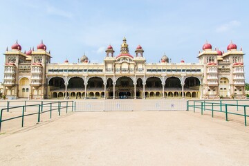 Closeup of historical Amba Vilas Palace under the blue sky in India