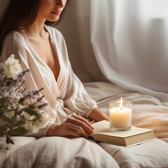 Obraz na płótnie Canvas Beautiful young woman with long hair dressed in white relaxing in her home bedroom with burning candles, flowers and books, cozy home decor in natural colors. Candle jar mockup