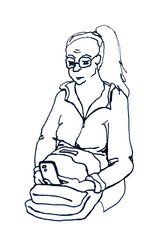 A preoccupied woman with glasses and long hair gathered in a ponytail sitting with a backpack on her lap and a mobile phone in her hands. Digital image in one-line style. Funny female portrait sketch.