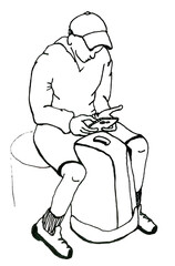 The silhouette of a young man with a backpack between his knees and a mobile phone in his hands. Digital image in one-line style. Funny sketch of a male portrait. The outline of a teenager in life.