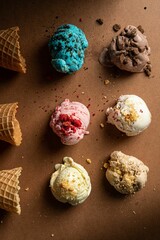 a table with ice cream, fruit and other toppings