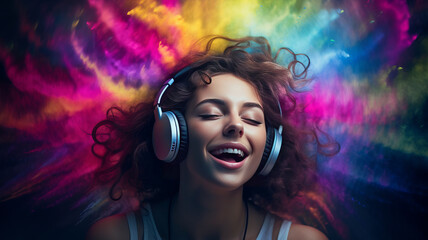 photograph of young woman with headphones listening music and singing loud