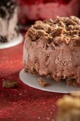 Close-up of a freshly-baked, crumbly piece of delicious ice cream cake