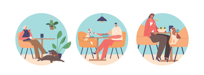 Isolated Round Icons Of Client Characters Enjoy Visiting Cafes With Their Pets, Creating A Cozy Atmosphere, Vector