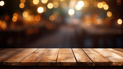 The empty wooden table top with blur background. Generative AI