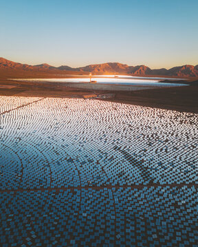 Aerial view of a concentrated solar thermal plant at sunrise, Mojave Desert, California, near Las Vegas, United States.