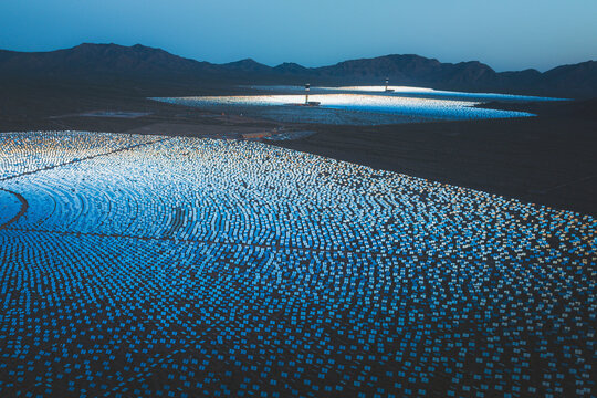 Aerial view of a concentrated solar thermal plant at sunrise, Mojave Desert, California, near Las Vegas, United States.