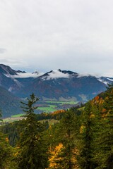 Fototapeta premium Scenic landscape of a mountain range with lush woods. Wendelstein, Bavarian Alps, Germany.