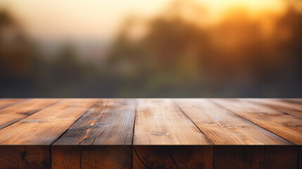 The empty wooden table top with blur background. Generative AI