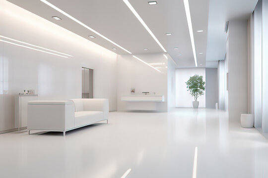 Indoor reception hall of office building. AI technology generated image