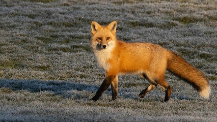 Scenic view of a red fox walking across a lush green field