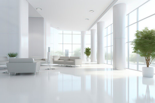 Indoor reception hall of office building. AI technology generated image