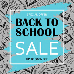 Back To School Sale Banner Background School Supplies Illustrations Blue And Grey
