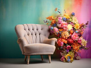 A single seater chair decorated with flowers and placed in front of a pastel colored wall. The atmosphere of the room is bright with light coming from one direction and casting shadows.
