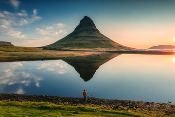 Volcanic Kirkjufell mountain with lake reflection and traveler man standing during sunrise at Iceland