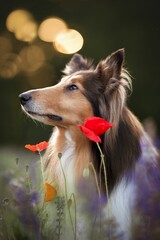 Collie dog stands in a flowery field, surrounded by an array of vibrant blooms