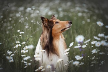 Collie dog stands in a flowery field, surrounded by an array of vibrant blooms