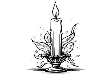 Thick christmas candles burning. Hand drawn sketch engraving style vector illustration. - obrazy, fototapety, plakaty