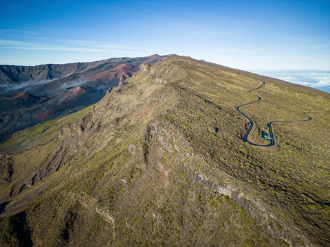 Aerial View of Haleakala Highway and Volcanos, Maui, Hawaii, United States.