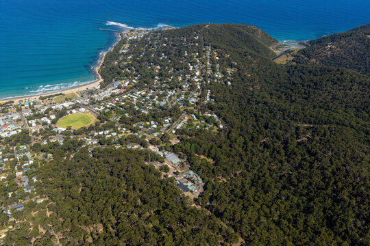 Aerial view of Lorne, a small town along the Louttit Bay, Victoria, Australia.